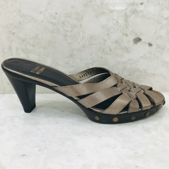 STUART WEITZMAN {7} Sandal Mule Slide-On Heel Metallic Basket Weave Stud… - Picture 4 of 9